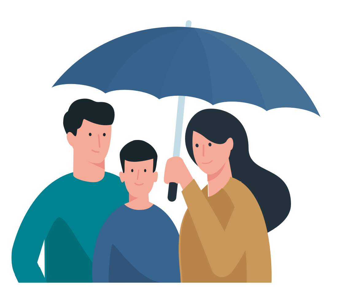 Illustration: Family (father, son, mother). Mother is holding an umbrella above all members